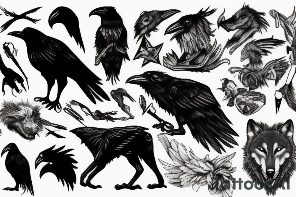 Dead, wolf, raven tattoo idea