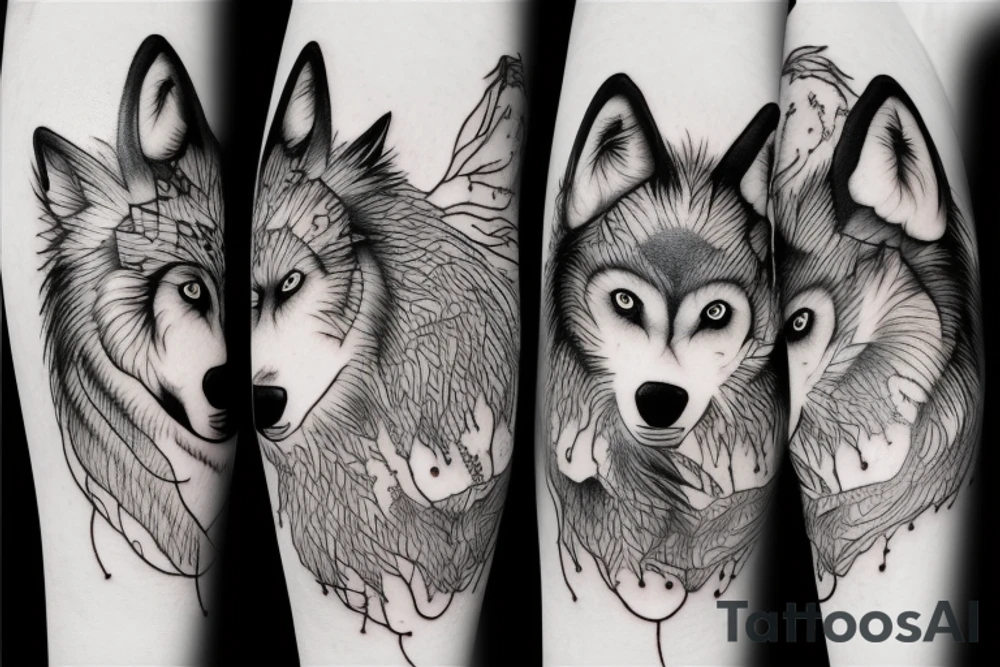 a wolf and a bear fighting blendid in ying yang theme tattoo idea