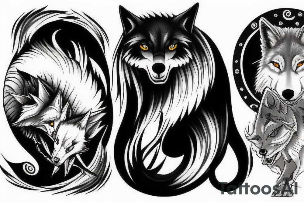 a black and a white wolf fighting in a ying yang symbol tattoo idea