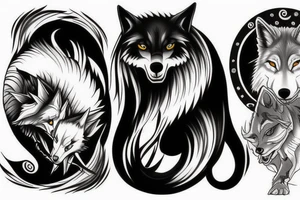 a black and a white wolf fighting in a ying yang symbol tattoo idea