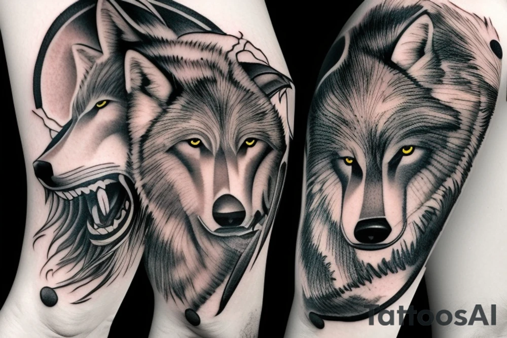 a black and a white wolf fighting in a ying yang symbol tattoo idea