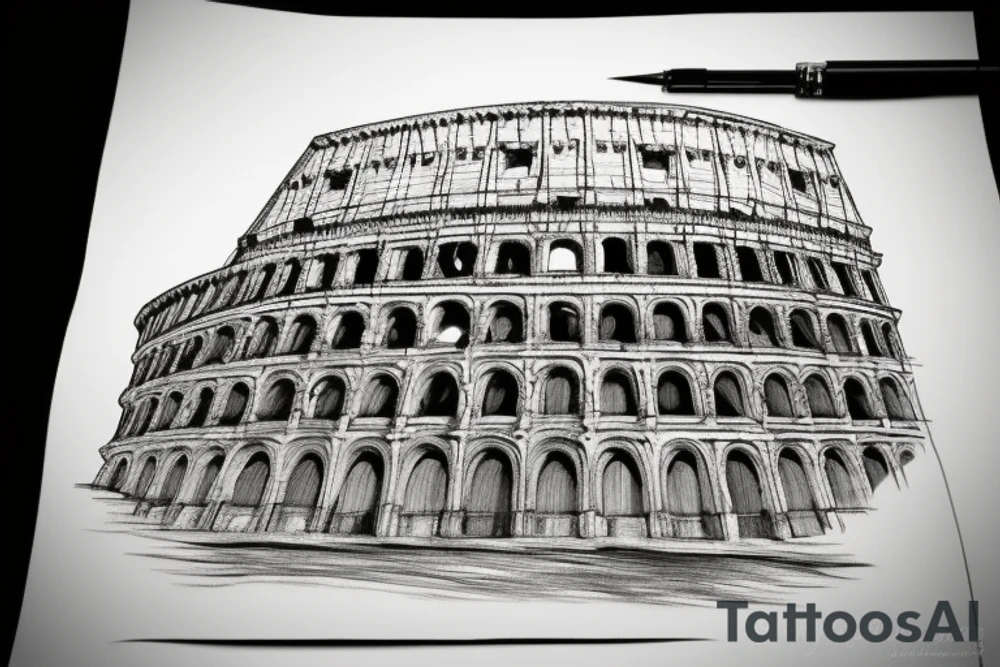 rome statue with colloseum and roses tattoo idea