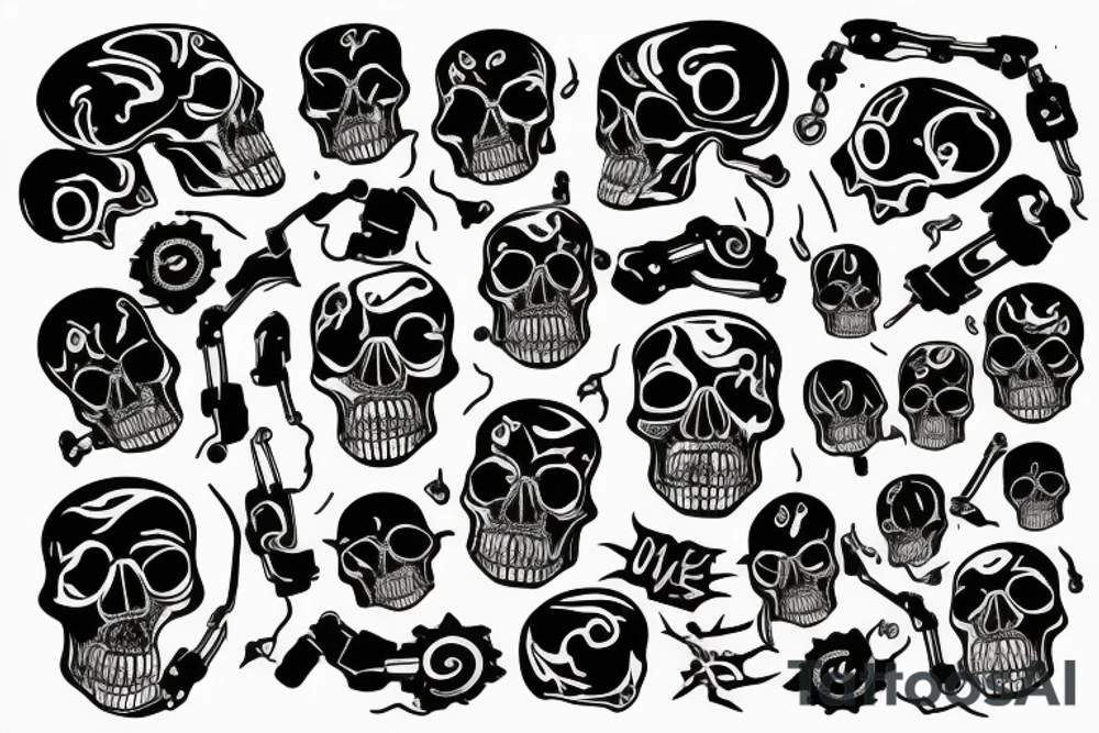 Skull in neon fire with mechanical parts tattoo idea