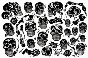 Skull in neon fire with mechanical parts tattoo idea