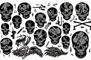 Skull in neon fire with mechanical parts tattoo idea