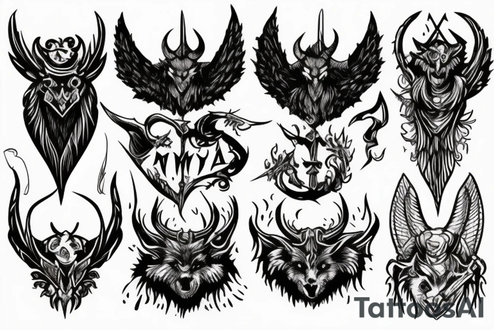 Sword, wolf, angel, horned devil,word M tattoo idea