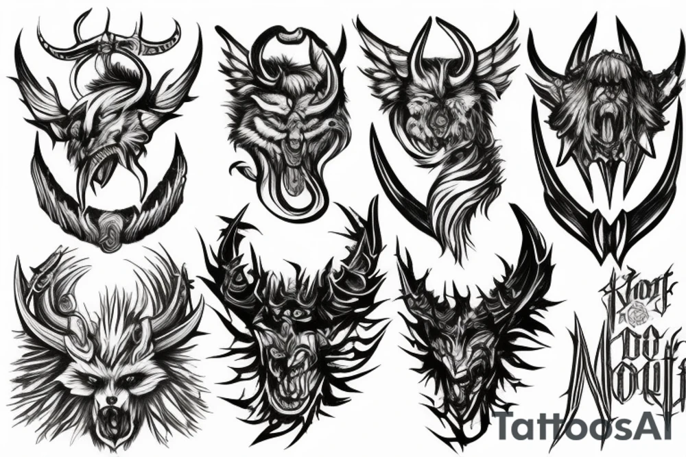 Sword, wolf, angel, horned devil,word M tattoo idea