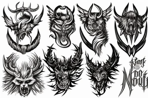 Sword, wolf, angel, horned devil,word M tattoo idea