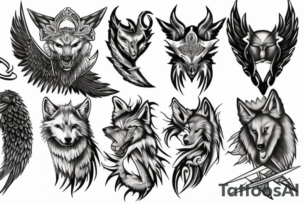 Sword, wolf, angel,word M tattoo idea