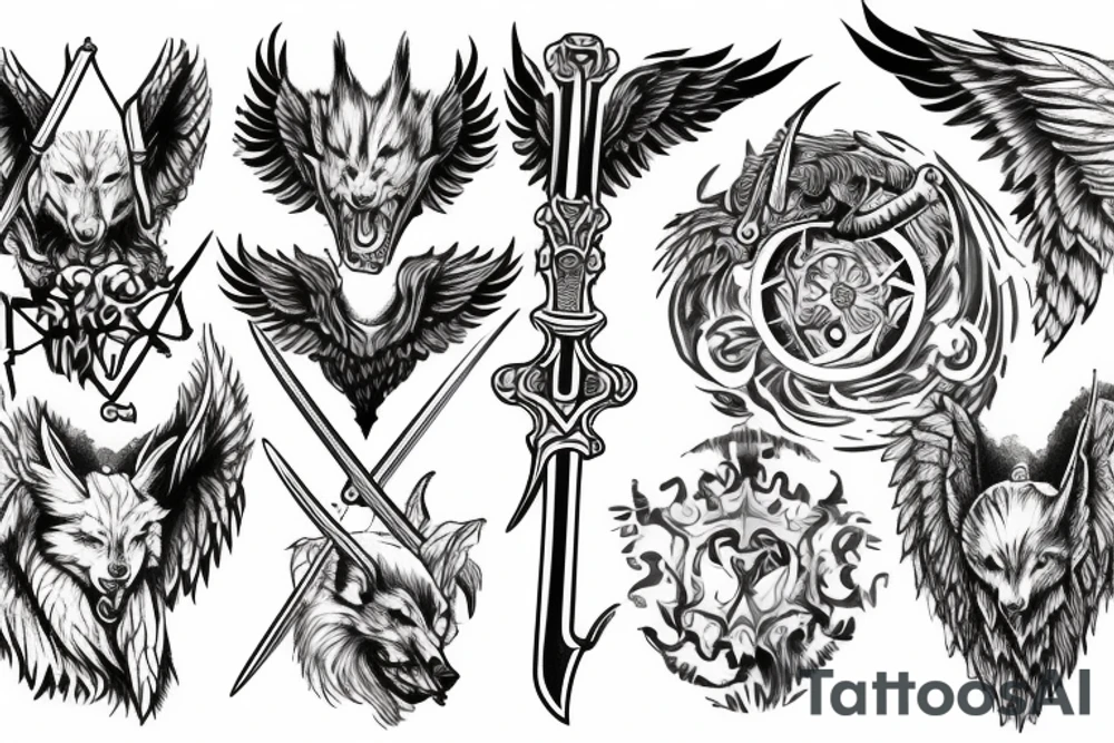 Sword, wolf, angel,word M tattoo idea