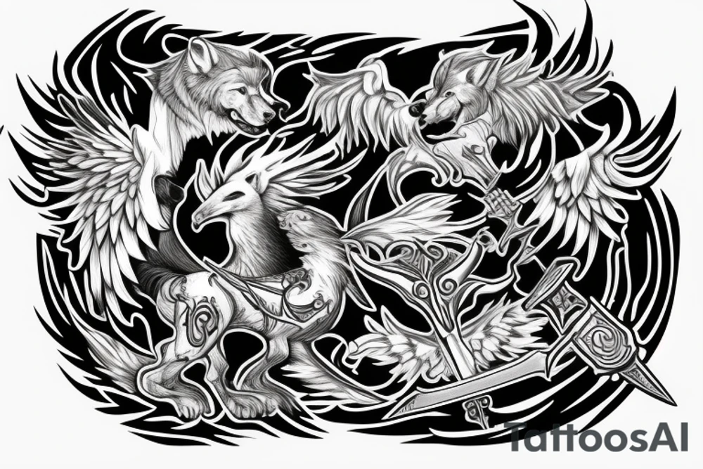 Sword, wolf, angel,word M tattoo idea