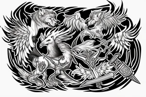 Sword, wolf, angel,word M tattoo idea