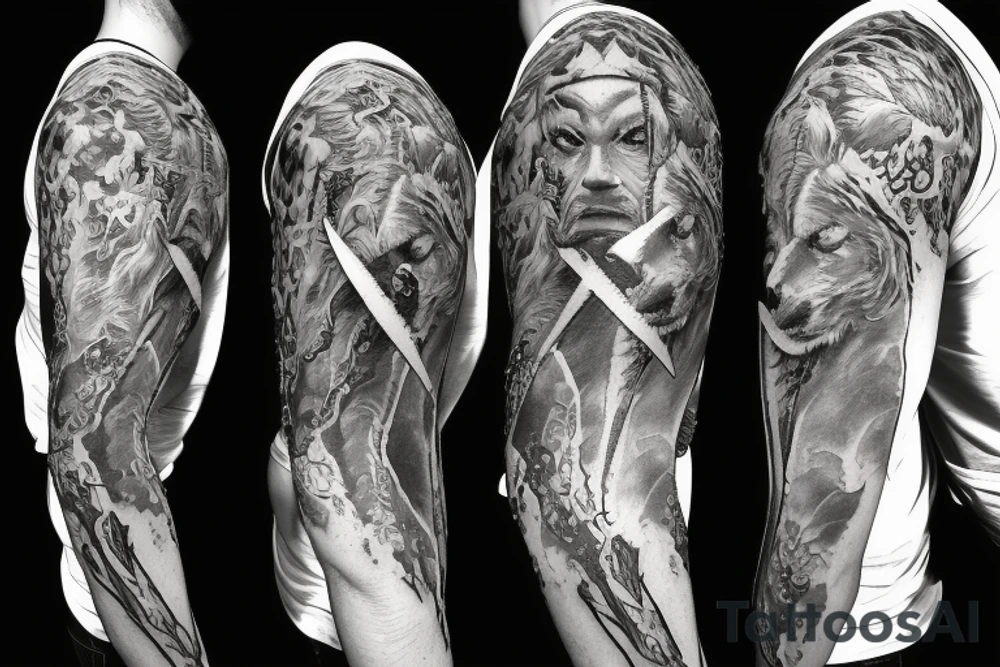 Sword, wolf, angel,word M tattoo idea