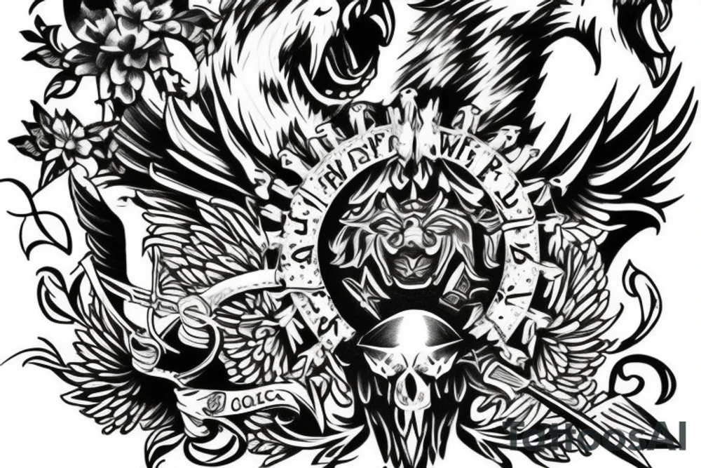 Sword, wolf, angel,word M tattoo idea