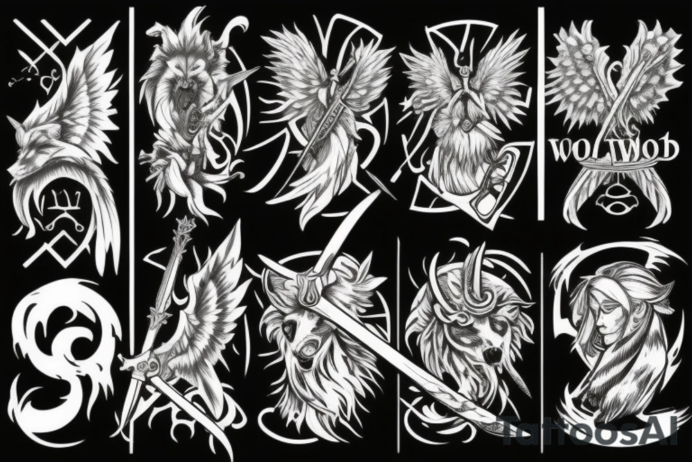 Sword, wolf, angel,word M tattoo idea