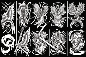 Sword, wolf, angel,word M tattoo idea