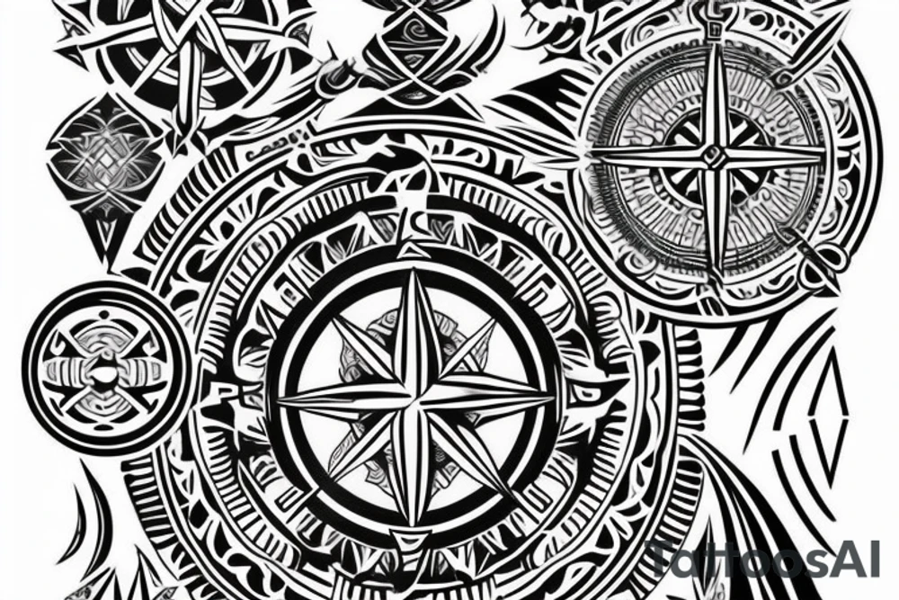 Polynesian tribal sleeve tattoo with the Nordic compass Vegvísir on the shoulder tattoo idea