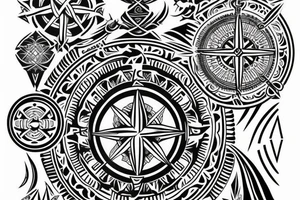 Polynesian tribal sleeve tattoo with the Nordic compass Vegvísir on the shoulder tattoo idea