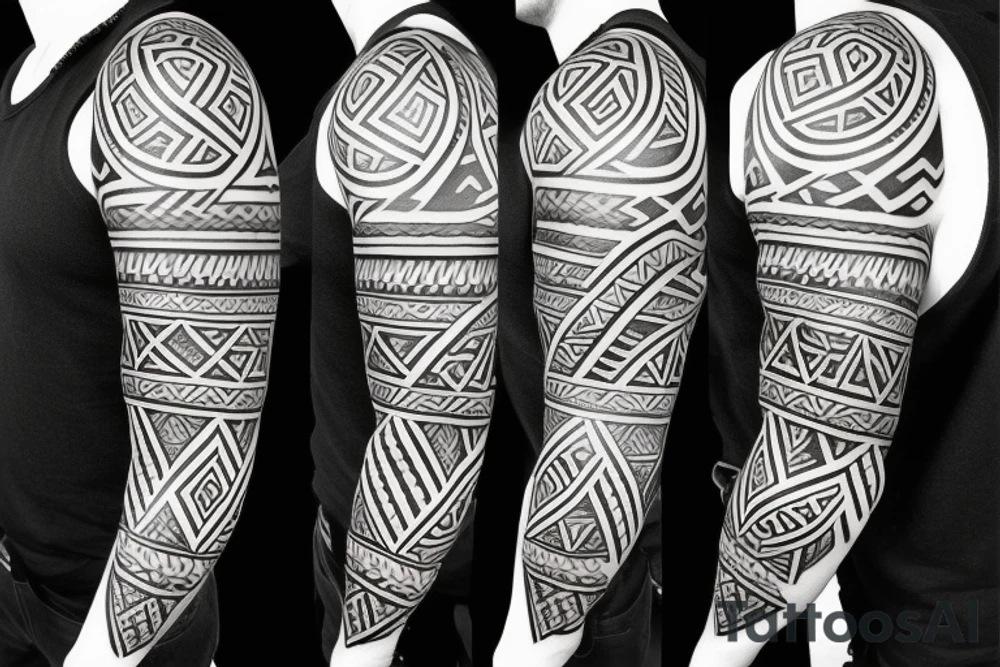 Polynesian tribal sleeve tattoo with the Nordic compass Vegvísir on the shoulder tattoo idea