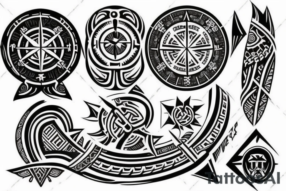 Polynesian tribal sleeve tattoo with the Nordic compass Vegvísir on the shoulder tattoo idea