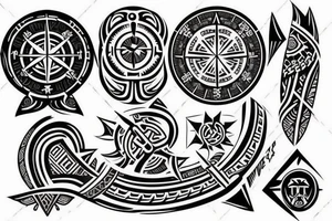 Polynesian tribal sleeve tattoo with the Nordic compass Vegvísir on the shoulder tattoo idea