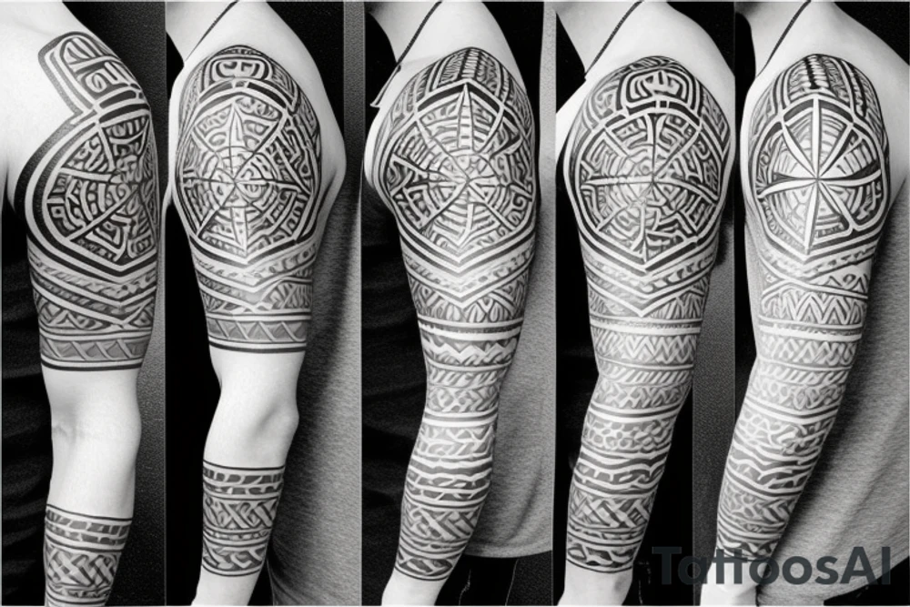 Polynesian tribal sleeve tattoo with the Nordic compass Vegvísir on the shoulder tattoo idea