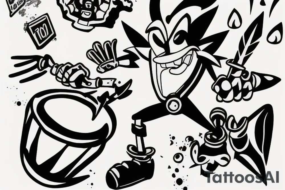 Crash bandicoot throwing trash tattoo idea