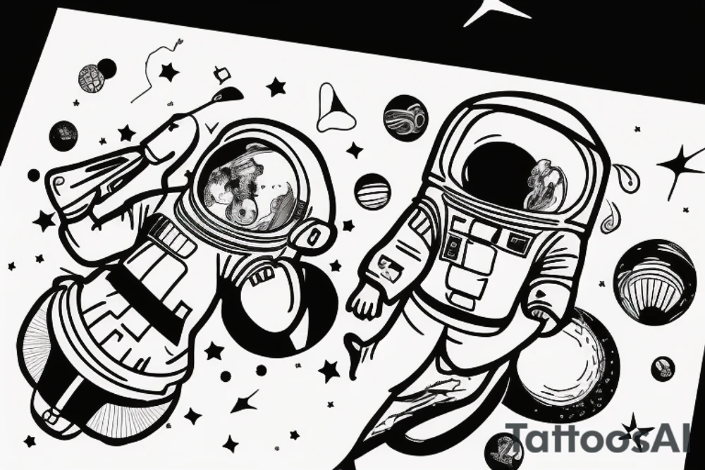 An astronaut sitting on a planet with a guitar and holding ballons tattoo idea