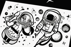 An astronaut sitting on a planet with a guitar and holding ballons tattoo idea