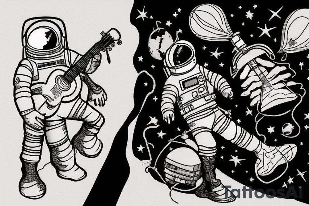 An astronaut sitting on a planet with a guitar and holding ballons tattoo idea