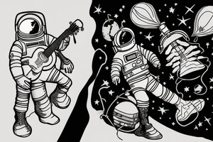 An astronaut sitting on a planet with a guitar and holding ballons tattoo idea