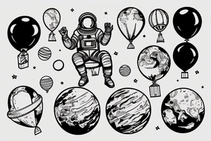 An astronaut sitting on a planet holding ballons tattoo idea