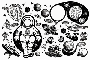 An astronaut sitting on a planet holding ballons tattoo idea