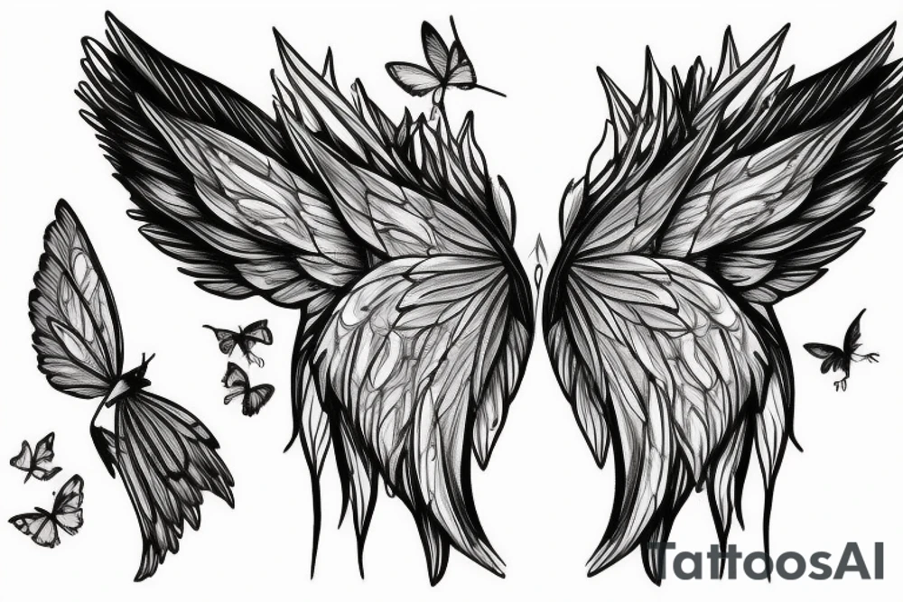 small fairy, with large wings, delicate body tattoo idea