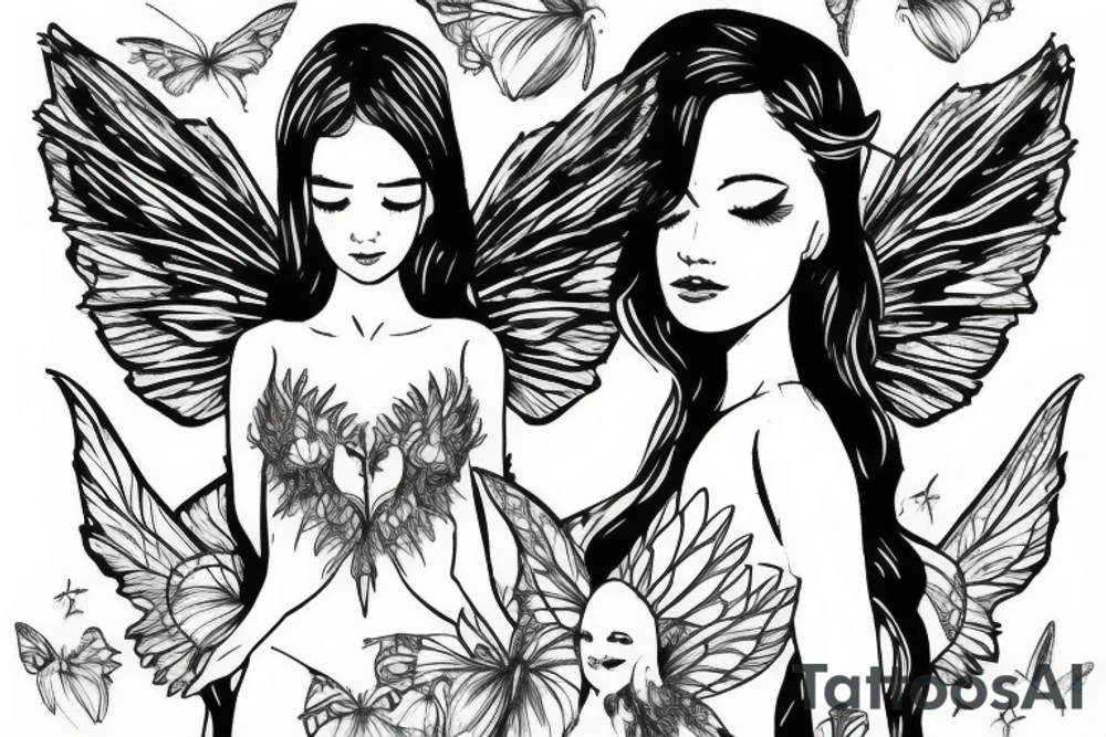 small fairy, with large wings, delicate body tattoo idea