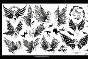 small fairy, with large wings, delicate body tattoo idea