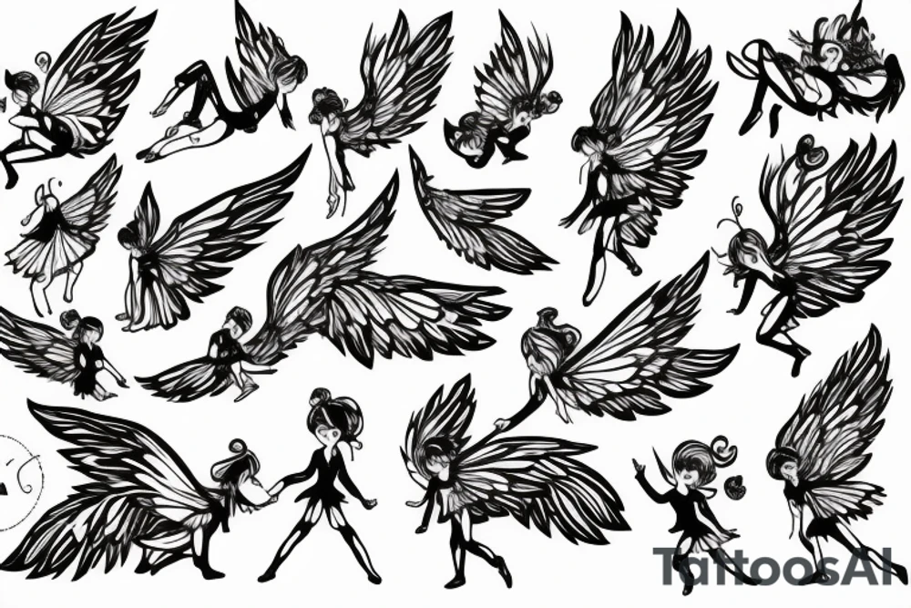 small fairy, with large wings, delicate body tattoo idea