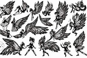 small fairy, with large wings, delicate body tattoo idea