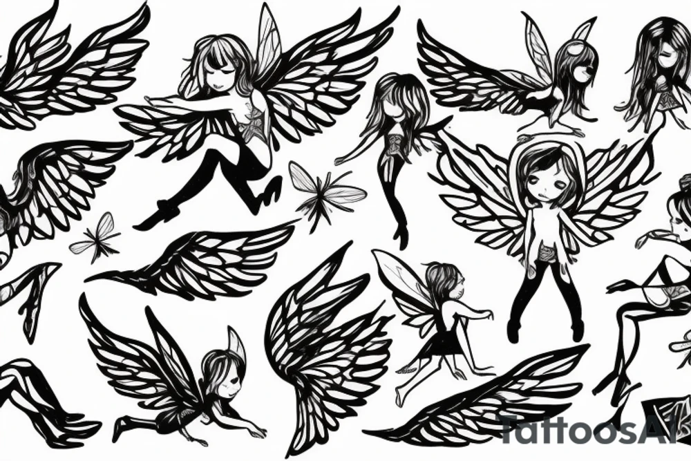 small fairy, with large wings, delicate body tattoo idea