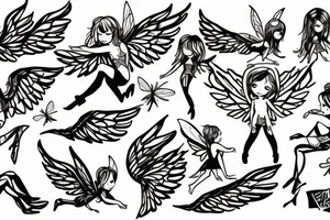 small fairy, with large wings, delicate body tattoo idea
