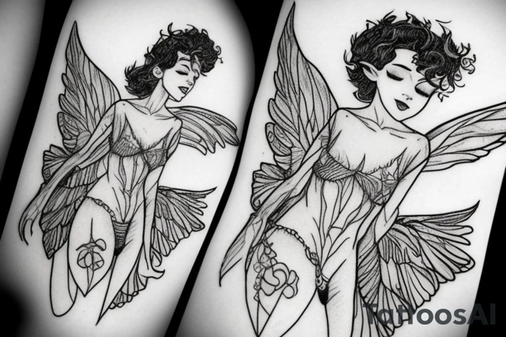 small fairy, with large wings, delicate body tattoo idea