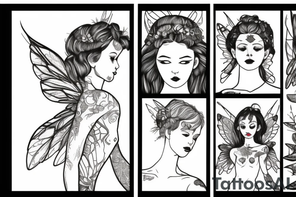 small fairy, with large wings, delicate body tattoo idea