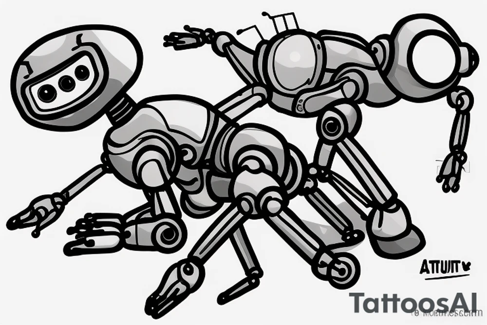 An ant working on a robot made from cardboard boxes tattoo idea