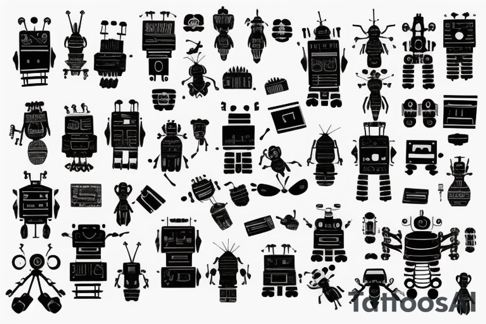 An ant carrying pieces of a robot that is made of cardboard boxes tattoo idea