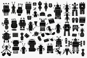 An ant carrying pieces of a robot that is made of cardboard boxes tattoo idea