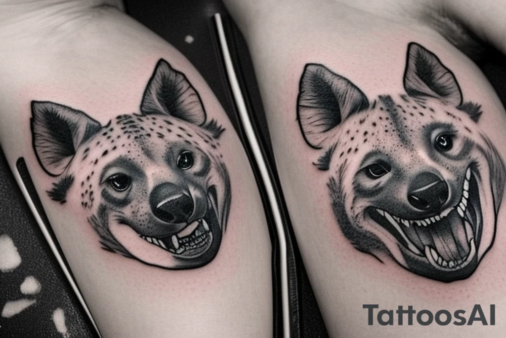 The tattoo is of a Hyena playing, cuddly and tender. The tattoo is shaded, dark. The hyena has a slightly fierce face, but with a tender, playful smile. We should be able to see the whole body of the Hyena tattoo idea
