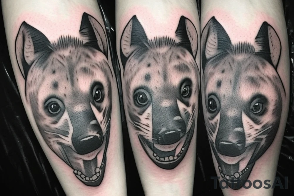 The tattoo is of a Hyena playing, cuddly and tender. The tattoo is shaded, dark. The hyena has a slightly fierce face, but with a tender, playful smile. We should be able to see the whole body of the Hyena tattoo idea