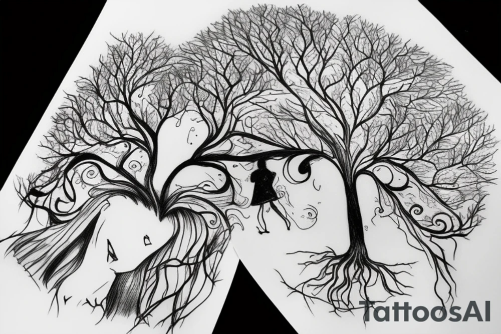 The tree and its roots with a woman, a man, and twin daughters tattoo idea