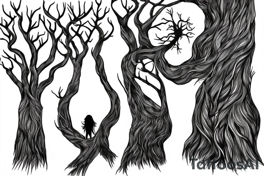 The tree and its roots with a woman, a man, and twin daughters tattoo idea