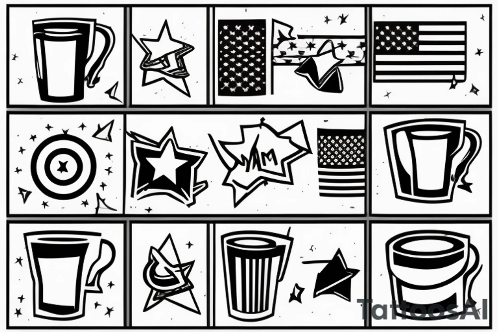 vertical rectangle with a cup inside and a flag behind the cup with one of the extrems falling of the rectangle tattoo idea
